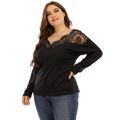 Women Plus Size Elegant V Neck Backless Lace Splice Long-sleeve Top Black