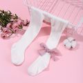 meia-calça com nervuras com nervuras de cor sólida para bebê / criança com decoração de arco de bolinhas para meninas Branco image 2
