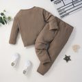 2-piece Toddler Boy/Girl Round-collar Long-sleeve Ribbed Solid Top with Pocket and Elasticized Pants Casual Set Khaki image 2