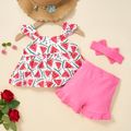 3pcs Ribbed Mermaid or Watermelon or Cow Print Ruffle Decor Sleeveless Top and Solid Shorts with Headband Pink or Black or Blue Baby Set Pink