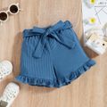 2pcs Toddler Girl One Shoulder Ribbed Blue Tank Top and Ruffled Belted Shorts Set Blue