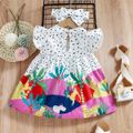 2pcs Baby Girl Dots Animal and Plant Print Flutter-sleeve Dress with Headband Set White