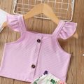 2pcs Toddler Girl Ruffled Button Design Camisole and Floral Print Ruffled Skirt Set Light Purple