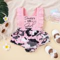 Baby Girl 95% Cotton Solid and Camouflage Spliced Letter Print Ruffle Trim Sleeveless Romper Pink
