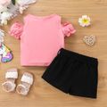2pcs Toddler Girl Unicorn Print Cold Shoulder Short-sleeve Pink Tee and Belted Black Shorts Set pink