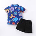 PAW Patrol 2pcs Toddler Boy Allover Print Lapel Collar Short-sleeve Shirt and Black Shorts Set Dark Blue