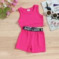 2pcs Baby Girl Solid Rib Knit Tank Crop Top and Letter Detail Shorts Set Rosy image 2