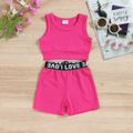 2pcs Baby Girl Solid Rib Knit Tank Crop Top and Letter Detail Shorts Set Rosy image 1