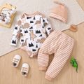 3pcs Baby Boy Allover Dinosaur Print Long-sleeve Romper and Striped Pants with Hat Set Apricot image 1