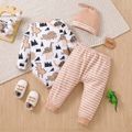 3pcs Baby Boy Allover Dinosaur Print Long-sleeve Romper and Striped Pants with Hat Set Apricot image 2