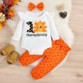 Thanksgiving Day 3pcs Baby Girl Turkey & Letter Print Ruffle Long-sleeve Romper and Polka Dot Pants with Headband Set Orange image 1