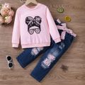 2pcs Toddler Girl Trendy Patchwork Ripped Denim Jeans and Figure Print Sweatshirt Set Pink image 1