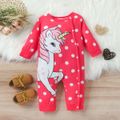 Baby Girl Unicorn Print Polka Dot Long-sleeve Button Jumpsuit Pink image 1