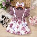 2pcs Baby Girl 95% Cotton Ruffled Bow Front Faux-two Short-sleeve Floral Print Dress & Headband Set Purple image 1