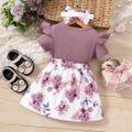 2pcs Baby Girl 95% Cotton Ruffled Bow Front Faux-two Short-sleeve Floral Print Dress & Headband Set Purple image 5