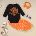 3pcs Baby Halloween Letter Print Long-sleeve Romper and Polka Dot Tutu Skirt Set Black