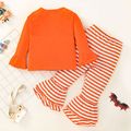 2-piece Toddler Girl Halloween Pumpkin Print Bell sleeves Top and Striped Flared Pants Set Orange