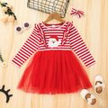 Toddler Girl Christmas Santa Print Ruffle Stripe Long-sleeve Tulle Dress Red