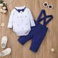 2pcs Gentleman Baby Bow Tie Sailboat Print Long-sleeve Romper and Overall Set Dark Blue/white