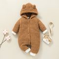 Baby Solid Thickened Fleece 3D Ears Hooded Long-sleeve Jumpsuit Snowsuit Khaki
