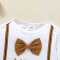 3pcs Baby Letter Print Long-sleeve Bow Tie Romper and Solid Trousers Set Brown