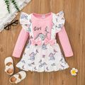 2-piece Toddler Girl Elephant Print Ruffled Waffle Long-sleeve Pink Top and Bowknot Design Suspender Skirt Set Pink