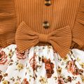 2pcs Baby 95% Cotton Ribbed Long-sleeve Ruffle Bowknot Splicing Floral Print Dress with Headband Set Ginger