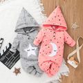 Baby Girl Moon Stars Print Button Design Hooded Long-sleeve Jumpsuit Pink image 2