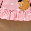 Toddler Girl Fox Embroidered Heart Print Ruffle Hem Long-sleeve Pink Dress Pink