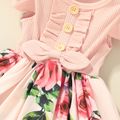 Ribbed Floral Splice Ruffle and Bow Decor Flutter-sleeve Pink or Green or Ginger or Burgundy or Black Toddler Dress Pink