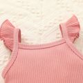 2pcs Baby Girl 95% Cotton Ribbed Flutter-sleeve Romper and Ruffle Shorts Set Dark Pink image 3