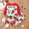 2pcs Baby Girl Letter and Floral Print Long-sleeve T-shirt and Trousers Set Red