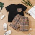 2pcs Toddler Boy Casual Plaid Pocket Design Tee & Shorts Set Black