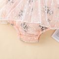 Baby Girl Button Design Sleeveless Floral Print Splicing Mesh Romper Pink image 5
