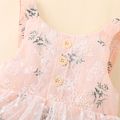 Baby Girl Button Design Sleeveless Floral Print Splicing Mesh Romper Pink image 3