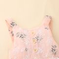 Baby Girl Button Design Sleeveless Floral Print Splicing Mesh Romper Pink image 2