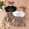 2pcs Baby Girl 95% Cotton Sleeveless Letter Print Splicing Plaid Dress with Headband Set Black