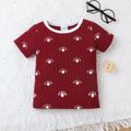 2pcs Baby Boy/Girl 95% Cotton Ribbed Short-sleeve Sun/Moon/Stars Print Top and Shorts Set Red image 2
