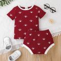 2pcs Baby Boy/Girl 95% Cotton Ribbed Short-sleeve Sun/Moon/Stars Print Top and Shorts Set Red image 1