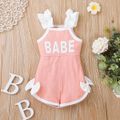 Baby Girl Ruffle Strap Letter Print Sleeveless Ribbed Bowknot Romper Pink image 1