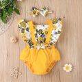 2pcs Baby Girl Floral Print Ruffle Trim Bowknot Splicing Sleeveless Romper with Headband Set Yellow