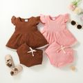 2pcs Baby Girl Solid Ribbed Textured Flutter-sleeve Dress with Shorts Set Brown image 1
