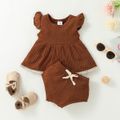 2pcs Baby Girl Solid Ribbed Textured Flutter-sleeve Dress with Shorts Set Brown image 2
