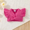 3pcs Baby Girl 95% Cotton Rib Knit V Neck Twist Knot Flutter-sleeve Crop Top and Allover Floral Print Ruffle Hem Skirt with Headband Set Hot Pink