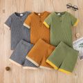 2pcs Toddler Boy Basic Button Design Ribbed Tee and Shorts Set Green image 2