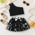 2pcs Toddler Girl One Shoulder Black Tank Top and and Cow Print Mesh Skirt Set Black