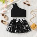 2pcs Toddler Girl One Shoulder Black Tank Top and and Cow Print Mesh Skirt Set Black