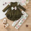 2pcs Toddler Girl Bowknot Design Ruffled High Low Long-sleeve Tee and Floral Print Leggings Set Green image 1