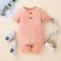 Baby Boy/Girl Button Front Solid Waffle Short-sleeve Romper Pink image 1