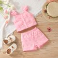 2pcs Baby Girl Pink Eyelet Embroidered Textured Tank Top and Shorts Set Pink image 3